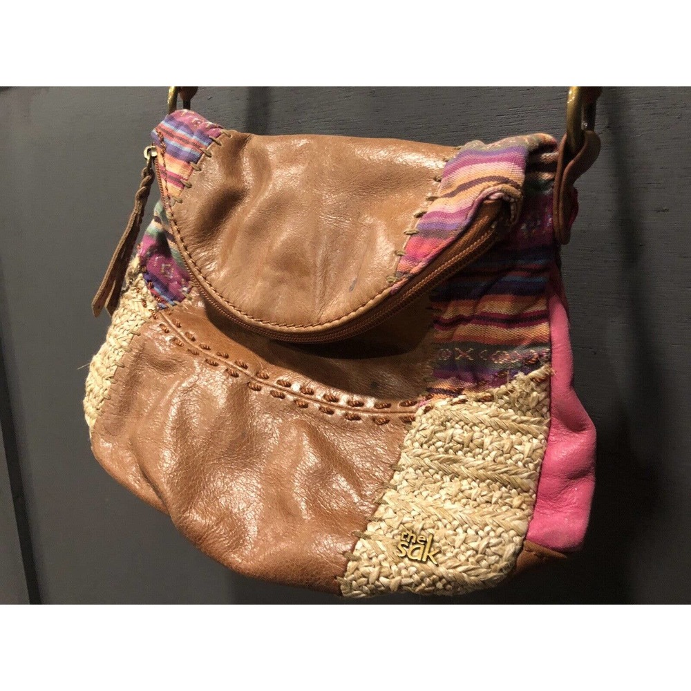 The Sak Deena Brown Leather Boho Patchwork Crossbody Flap Handbag Purse 9x10x3